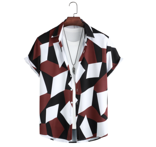 Men's Stylish Geometric Print Button Lapel Short Sleeve Loose Casual Shirts Plus Size Iron-free