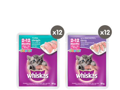 WHISKAS Junior Kitten Food Pouch – Kitten Wet Food in Mackerel and Tuna Flavor (24-Pack), 80g.