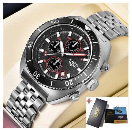 LIGE Dial Diameter Watch Fashion Men Waterproof Watches Stainless Steel Sport Chronograph Quartz Brand WristWatch BLACK RED