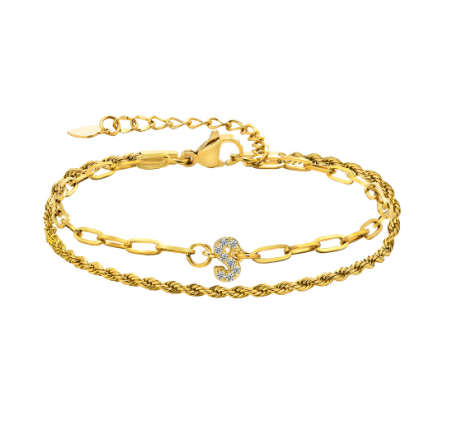 Vnox Letter Double Layer Braelet,18K Gold Fried Twistsed Paper Clip Zirconia Initial Stainless Steel Chain Link for Women S