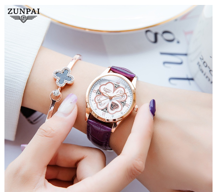 ZUNPAI Watch For Woman Original Waterproof Leather Strap Fashion Trend Elegant Girls Women Watches Quartz Analog Ladies Watch PURPLE