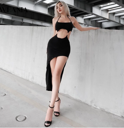 Women's Sexy Halter Neck Open Back Hollow Irregular Hem Bodycon Dress