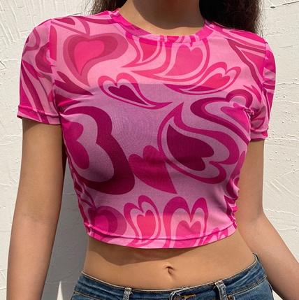 Summer Heart Print Sexy Mesh Cropped Tshirt Women