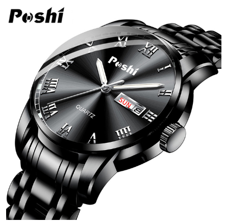 POSHI Dual Calendar Watch Men Waterproof Luminous Automatic Stainless Steel Quartz 07