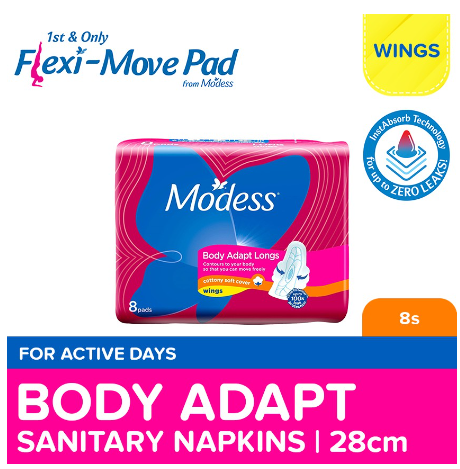Modess Long Body Adapt with Wings Sanitary Napkin 8s - Regular Flow, Fast Absorbing vs Leaks