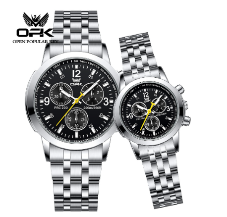 OPK Watch For Couple Original Waterproof With Box Stainless Steel Strap Watch BLACK DIAL SILVER CASE STRAP
