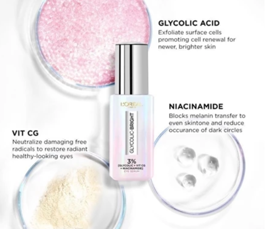 LOreal Paris Glycolic Bright Eye Serum w/ 3% Glycolic Acid + Vitamin CG + Niacinamide