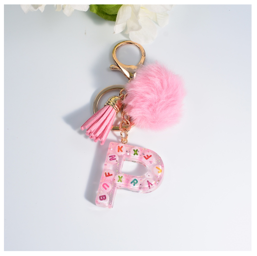 Exquisite Pink A-Z Letter Resin Keychain With Hairball 26 Initials Keyring Charms Women Bag Ornament Best Festival Gift P