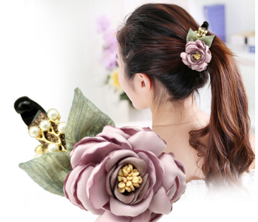 Korean Woman Vertical Hair Clip Flowers Pearl Ponytail Holder Elegant Mesh Retro Hairpin Headdress