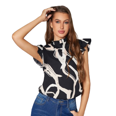 Lovito Women Casual Geometric Frill Sleeve Blouse LBA05008 (Black)