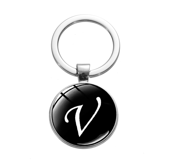 26 English Letters Glass Round Charm Key Ring A-Z Initial Name Keychain Bag Ornaments Car Key Chains Jewelry Gift Accessories V
