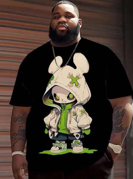 Plus Size Men's Casual Printed Letter & Cartoon Short Sleeve T-Shirt