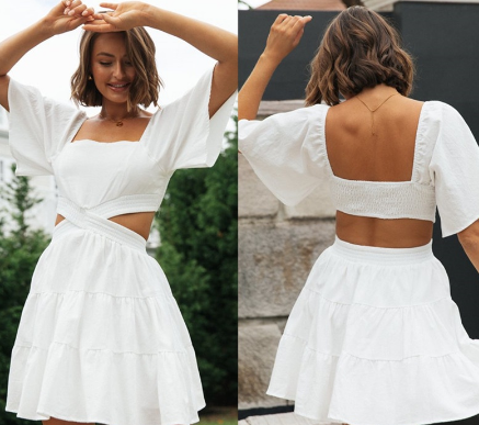 Square Neck Back Pull Solid Color Cake Short Dress