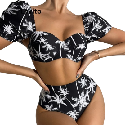 Lovito Women Sexy Geometric Pattern Bikini Sets LNL36125 (Black)