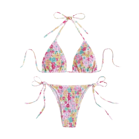 Lovito Women Elegant Ditsy Floral Smocked Lace Up Bikini Set LNL43036