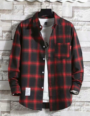 [Spot] Street Fashion Labeled Plaid Long Sleeve Shirt Men s Loose Polo Shirt Purong Cotton Polo