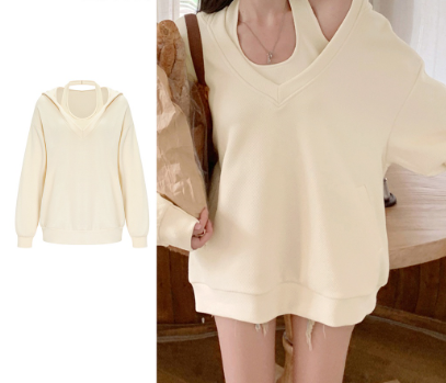 Lovito Women Casual Plain Fake 2 In 1 Sweatshirts L65ED061 Apricot