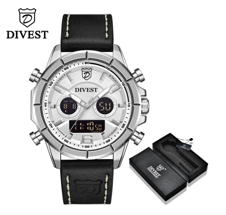 DIVEST Fashion Brand Men's Watches Chrono Sport Male Military Dual Display Men Watch Waterproof Luminous 9002 SILVER WHITE BLACK