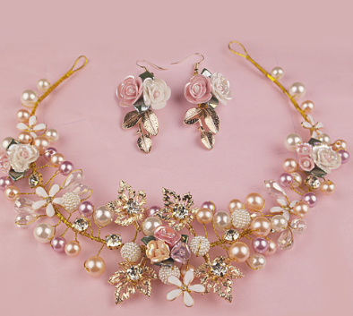 Ceramic Flower Gold Leaf Headband Headpiece for Women