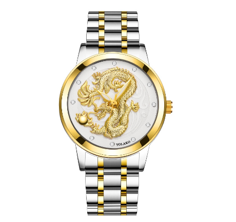 Fashion Men's Full Steel 3D Engraving Gold Dragon Quartz Waterproof Watch Men's Watch SILVER GOLD WHITE