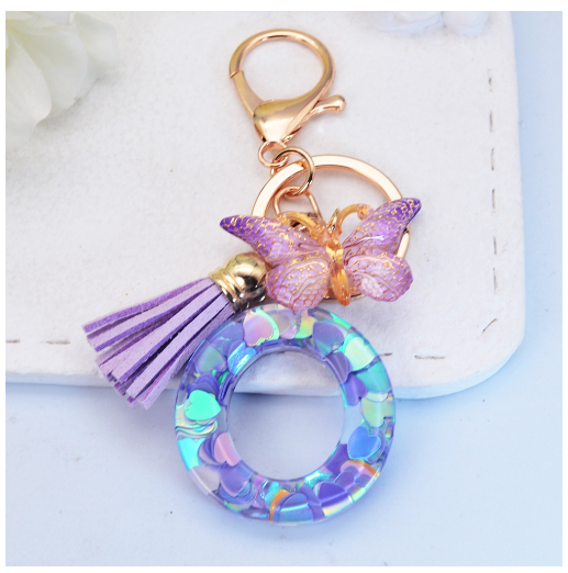Sparkling 26 Letter Keychain With Butterfly Pendant Exquisite Heart Sequin Filled A-Z Initials Keyrings Bag Pendant Charms Gifts O