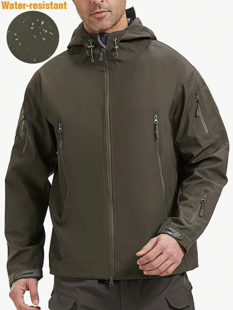 Men's Hooded Sport Jacket, Outdoor Windproof And Waterproof Tactical Workwear With Multiple Pockets