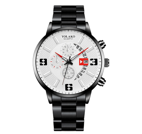 YOLAKO Stainless Steel Men's Quartz Sport Waterproof Watch Men Relo Watch STEEL BLACK WHITE