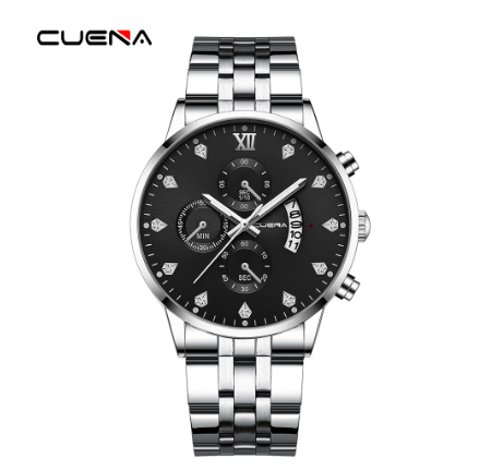 CUENA New Men's Watch Fashion Business Stainless Steel Waterproof Quartz Watch SILVER BLACK
