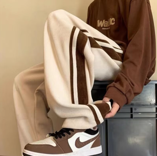 Corduroy Striped Baggy Long Pant For Men Vintage Style Loose Fit Labelling Pant Man Plain Harajuku Wind Fashion Casual Trousers For Men 3 Colors