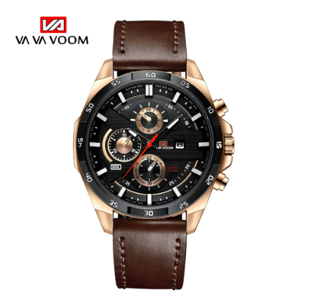 VA VA VOOM Fashion Mens Watch Top Brand Luxury Watch Waterproof Sport Quartz Clock Military Leather BLACK ROSEGOLD
