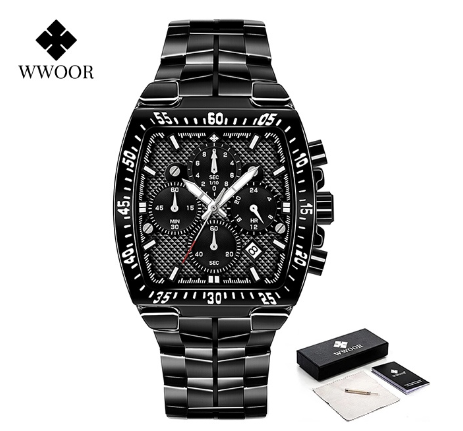 Wwoor Luxury Square Watch Men Military Steel Gold Black Quartz Waterproof Sports Chronograph Wristwatch ALL BLACK