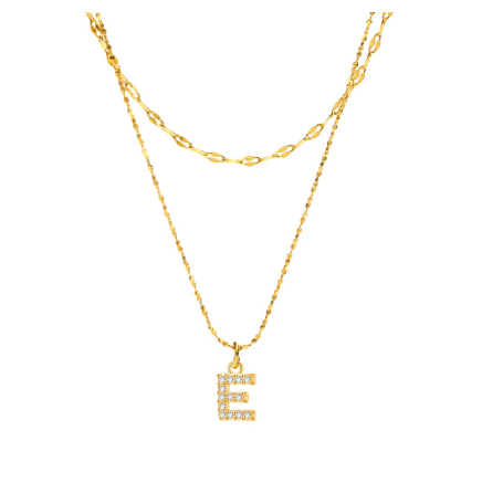 Vnox Double Layered Letter Initial Pendant Necklace,Gold Plated Shiny Zircon Alphabet Charm Necklace for Women E