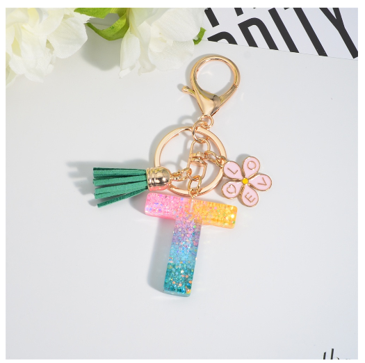 Fashion 26 Letter Resin Keychain A-Z Round Sequins Filled Alphabet Flower Pendant Keyring with Tassel Bag Ornament Accessories T