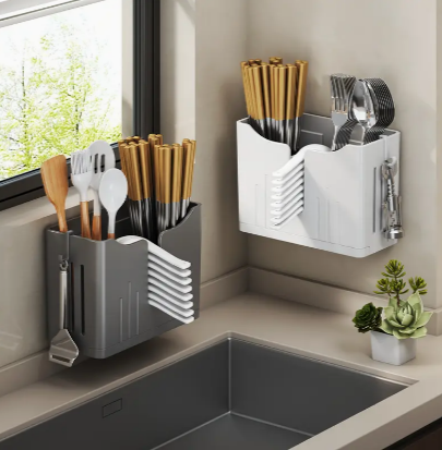 1pc Kitchen Utensil Holder, Multifunctional Draining Chopstick Cage, Punch-free Wall Mounted Cutlery Storage Organizer Caddy, Flatware Organizers, Kitchen Storage Accessories
