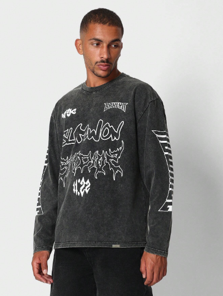 SUMWON Washed Long Sleeve Tee With Grunge Graphic Print