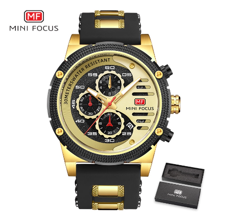Mini Focus Watch Men Sports Waterproof Chronograph Analog Quartz Fashion Silicone GOLD BLACK