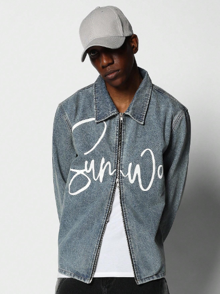 SUMWON Regular Fit Zip Front LS Denim Shirt With Front Graphic Print