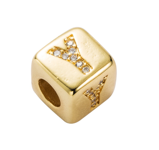 Gold Rhinestone Letters Cube Charm for Bracelet Necklace A-Z Alphabet Dice Beads Y