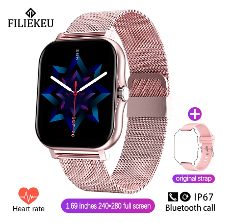 FILIEKEU Smart Watch Men Women Waterproof Sports Fitness Bluetooth Couple Touchscreen Stainless Steel Smartwatch PINK MESH