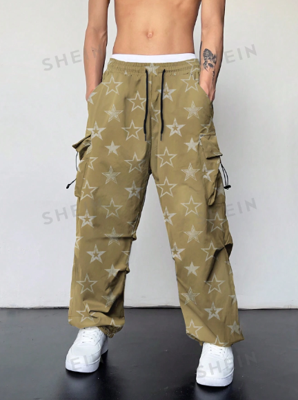 ROMWE Street Life Men's Pentagram Print Cargo Pocket Wide-Leg Loose Casual Pants