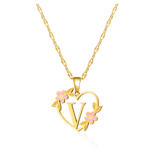 18K Gold Non Fading Letter Necklace Stainless Steel Personalized Initial A-Z Pendant Flower Non Black Necklace Jewelry Gift for Women Girlfriend V