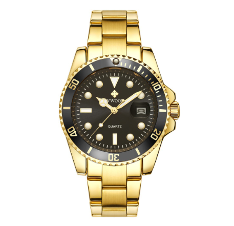 Wwoor Watch For Men Waterproof Quartz Wristwatch Stainless Steel Watches BLACK DIAL GOLD CASE STRAP