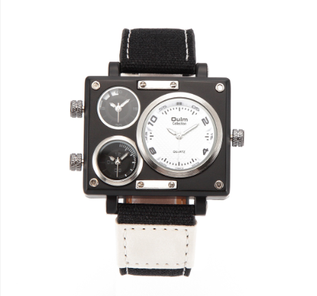 Oulm Men's Top Brand Watches Men Fashion Square Big Face 3 Time Zone Casual Quartz Watch WHITE