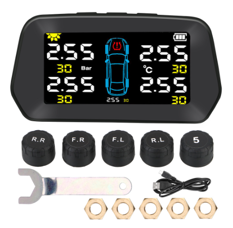 Car TPMS Solar Tire Pressure Monitoring Digital LCD Display With 5 Wheel Alarm Sensor Solar Power