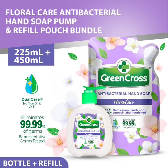 Green Cross Floral Care Antibacterial Hand Soap Refill Pouch and 225ml Pump Set of 2 Bundle