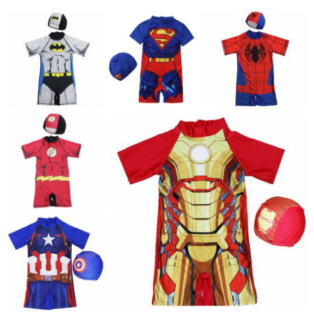 Children Kids Boys Swimwear Ironman Spiderman Superman Costume Baby Boy Hero Swimming Caps Suit