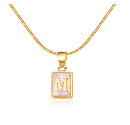 18K Gold 26 Letter Square Pearl Shell Pendant Snake Bone Chain Glow Necklace English Letter Pendant Necklace Gold Shiny M