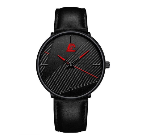 Stainless Steel Ultra-thin Quartz Wristwatch Classic Men's Fashion Waterproof Wacth LEATHER BLACK RED