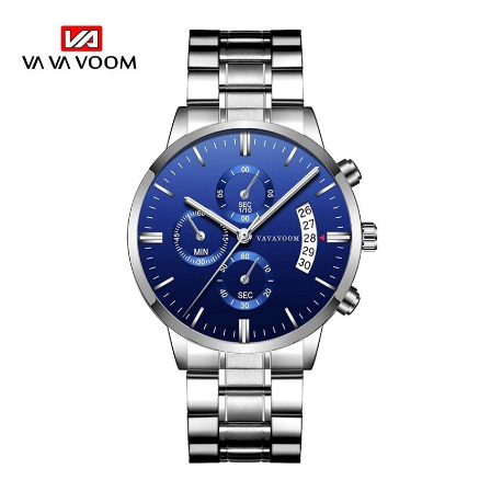 VA VA Voom Stainless Steel Business Watch Men Luxury Top Brand Casual Calendar Quartz Mens Wristwatches Sport Waterproof Watch SILVER BLUE