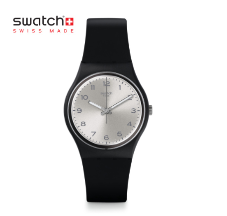 Swatch Gent Silver Friend Too GB287 Black Silicone Strap Watch